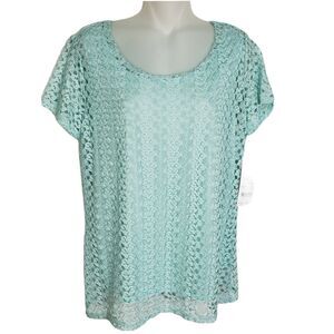 Notations Womens Top Medium Lace Lined Teal Short Sleeve Scoop Neck Blouse Poly